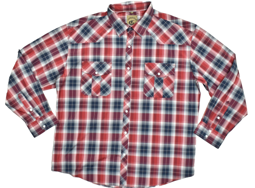 Coevals Club Mens XXL Pearl Snap Western Plaid Shirt Long Sleeve Red Blue Cotton